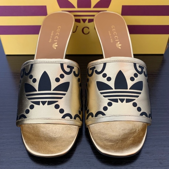 WOMEN'S GUCCI X ADIDAS NAPPA LEATHER MULE, HEEL, SANDAL, SLIDE SIZE 7 US/ 37 IT - Picture 2 of 11